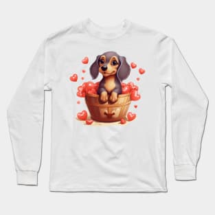 Cartoon Dachshund Dog in Hearts Basket Long Sleeve T-Shirt